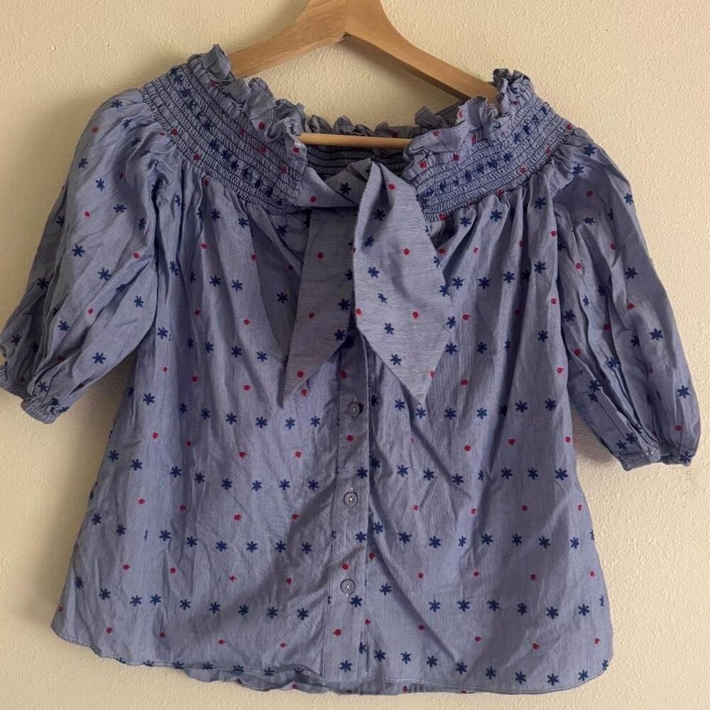 Parker Blue Embroidered Star Off Shoulder Blouse Smocked Puff Sleeve Bow Cotton